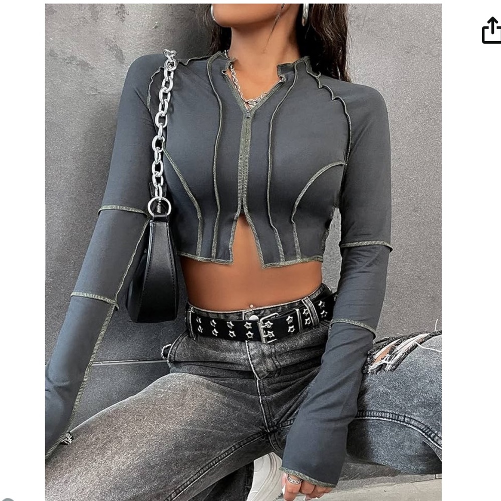 Charcoal Exposed Seams Zip Up Long Sleeved Cropped Top